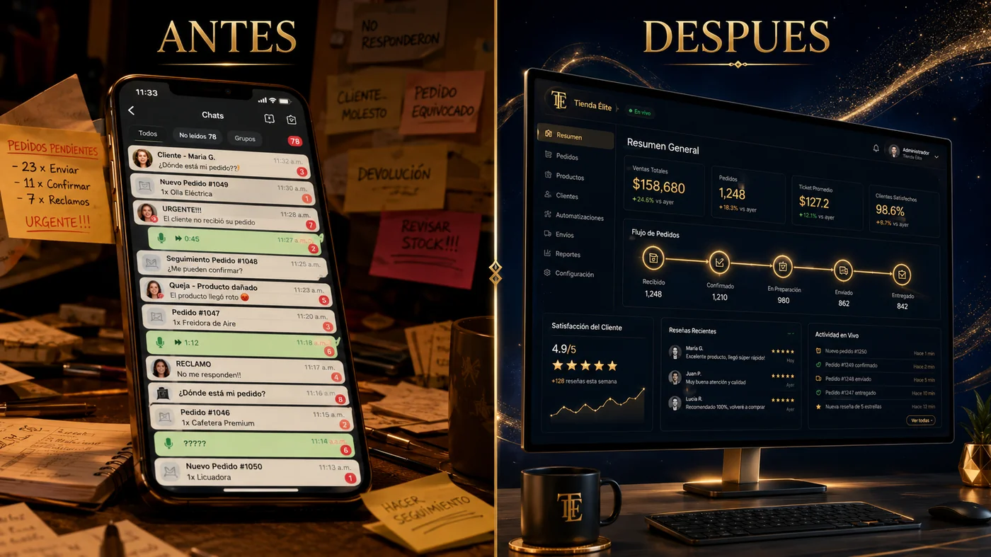 Antes y después — WhatsApp caos vs CRM RAI