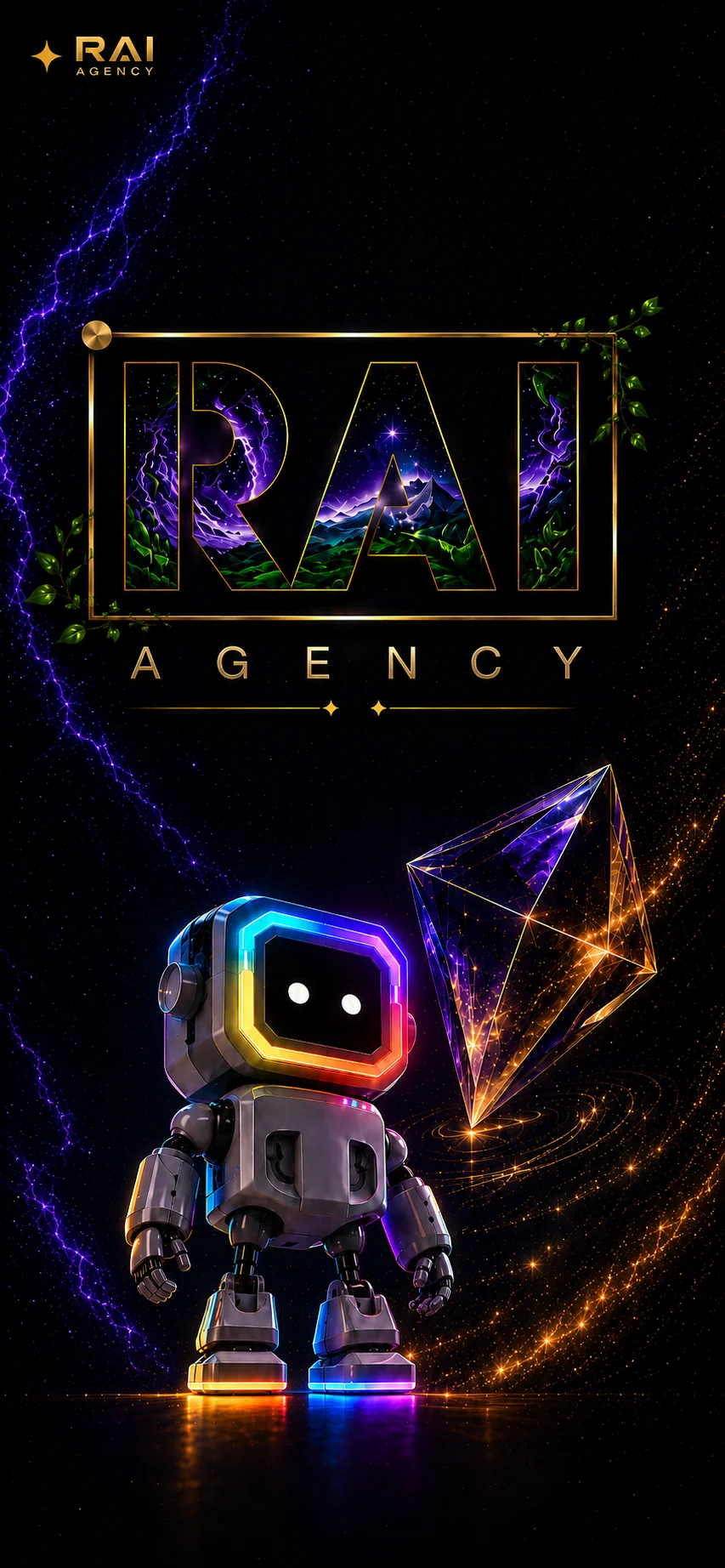 RAI Agency — Robot y cristal cósmico